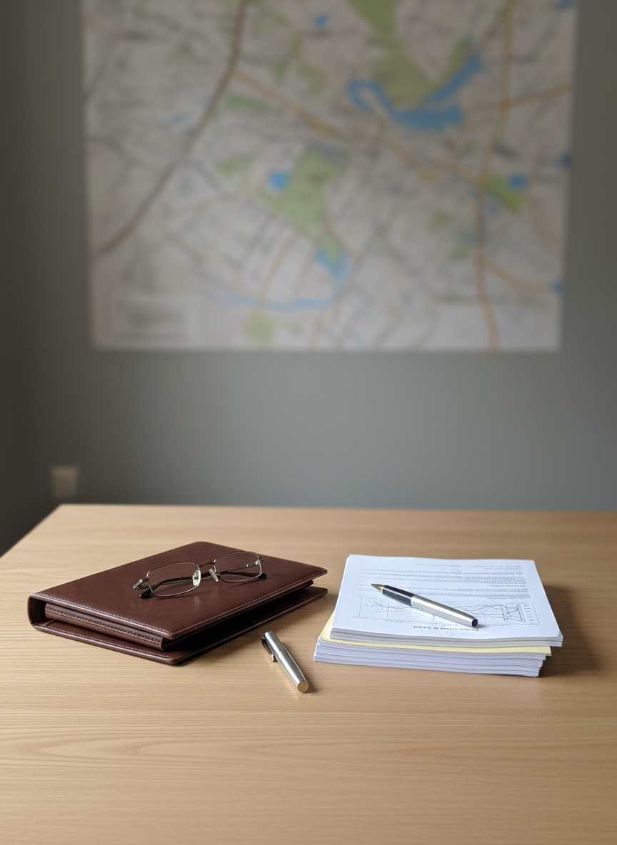 A symbolic portrait of leadership and community service for Jonesboro Ward 5 shown through objects on a clean, light oak table. A closed leather portfolio, a pair of reading glasses, a small stack of city planning documents without any legible text, and a simple silver pen are carefully arranged. In the background, a blurred large-format map of a generic city district hangs on a soft gray wall, hinting at Ward 5 without specific labels. Diffused natural window light washes the scene with a gentle brightness, creating soft, professional shadows. Photographic realism, shot from a slightly elevated angle using the rule of thirds, conveys focus, competence, and thoughtful preparation for city council work.