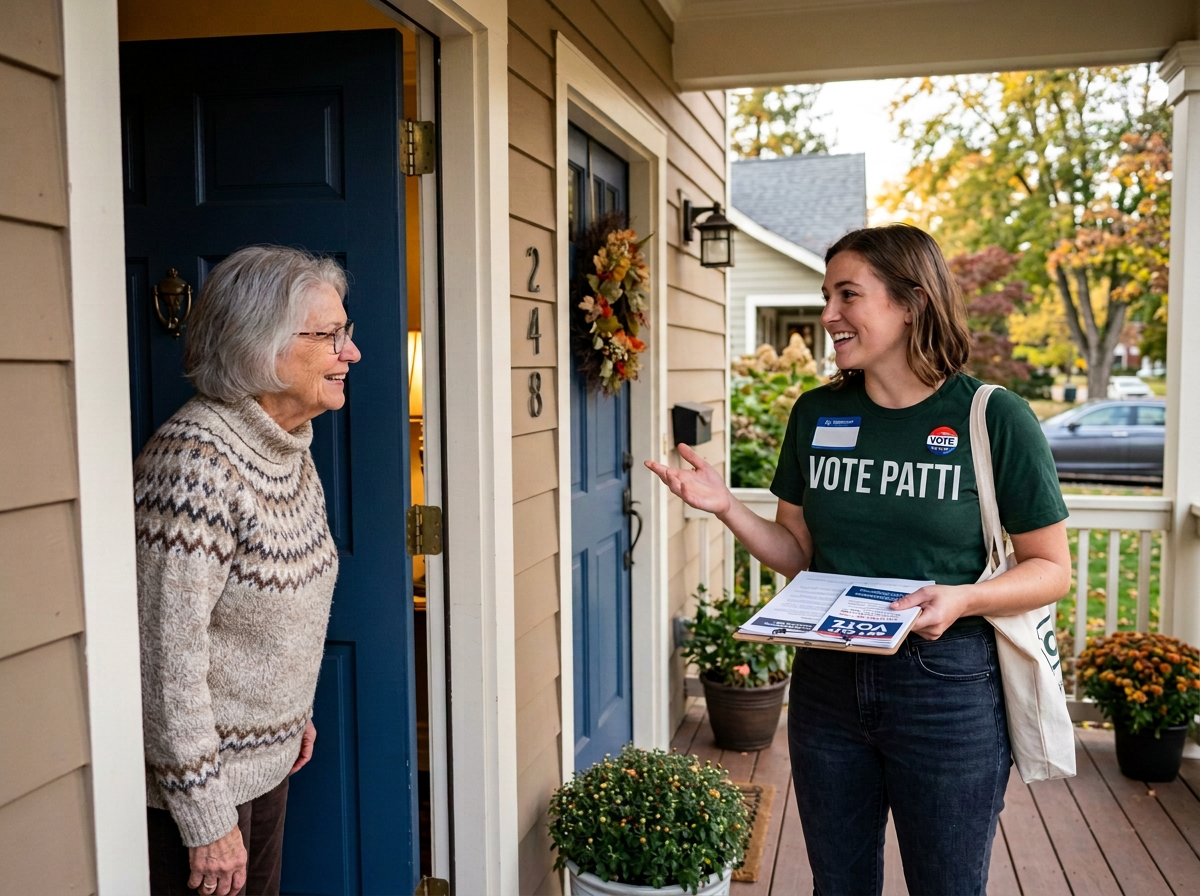 Young volunteer wearing Vote Local t-shirt talks to elderly woman at her front door